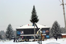 На центральной площади Арсеньева идет монтаж новогодней елки